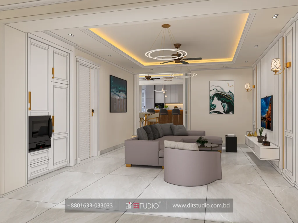 Living room with abstract art and grey sectional opening to the dining and kitchen