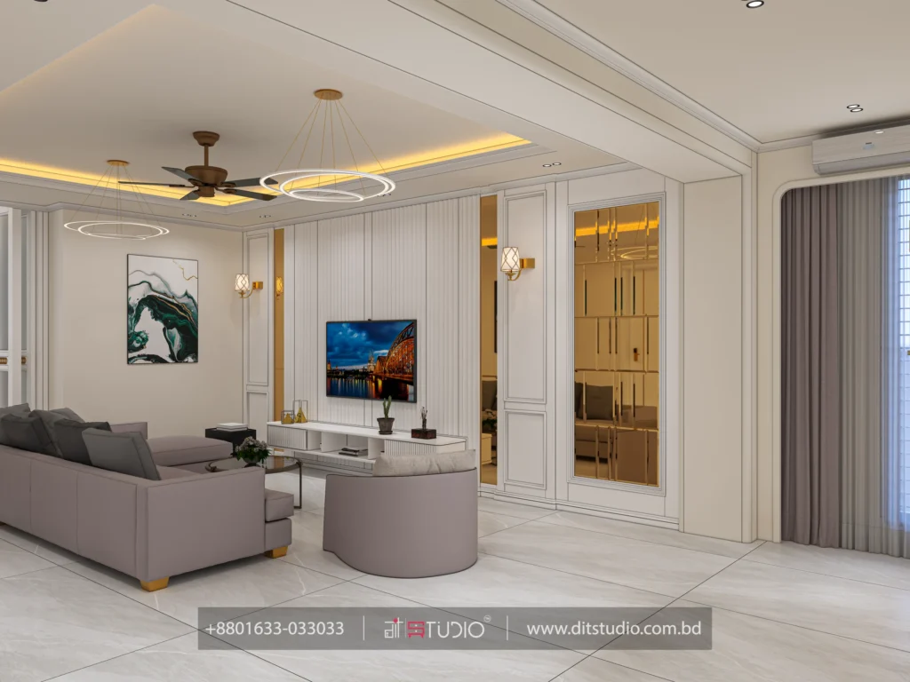 Fluted white TV wall with gold mirrored door, teal abstract art and grey sofa, Gulshan 2