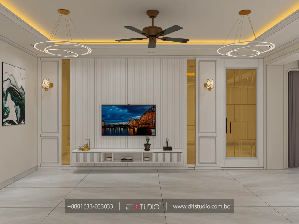 Symmetrical fluted TV panel wall framed by gold glass doors and brass wall sconces