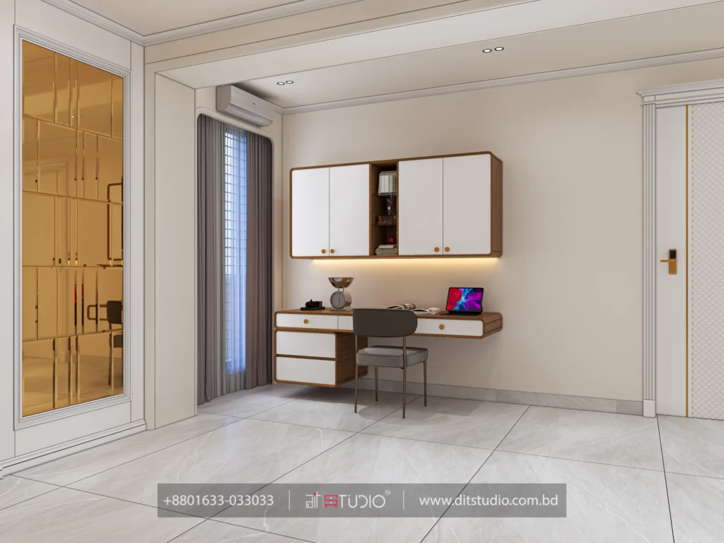 Study nook with wall mounted cabinets, backlit ledge desk and a gold glass partition