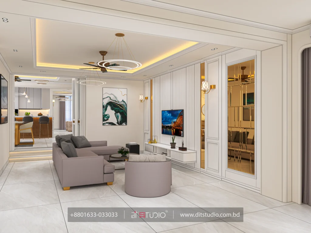 Living room with fluted TV wall, gold glass doors and grey sofa opening to the kitchen bar