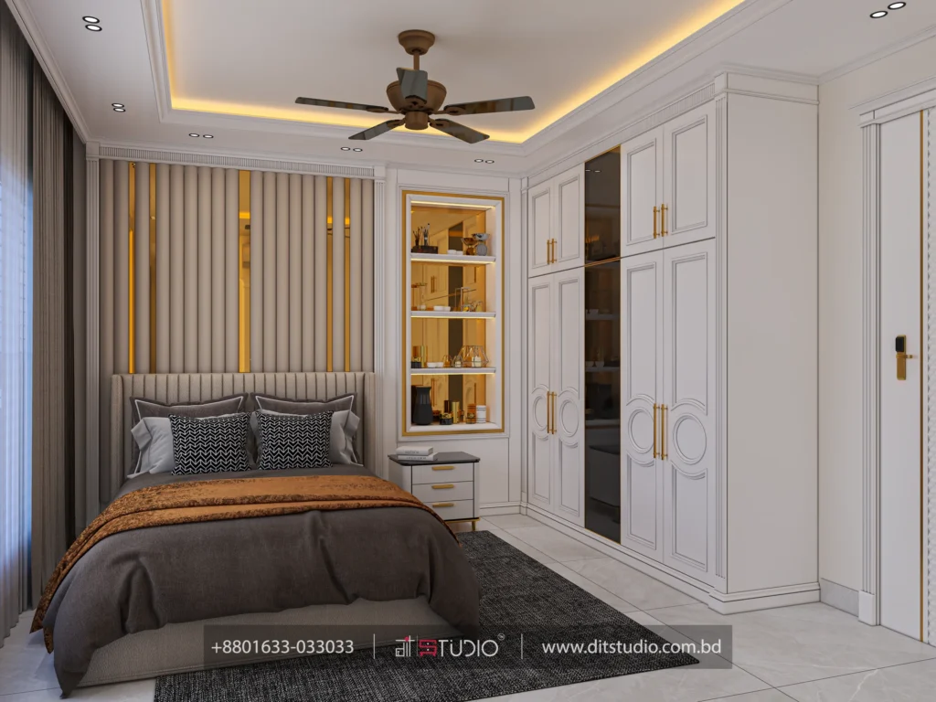 Girls bedroom with fluted beige headboard, gold striped wall panel and lit display niche