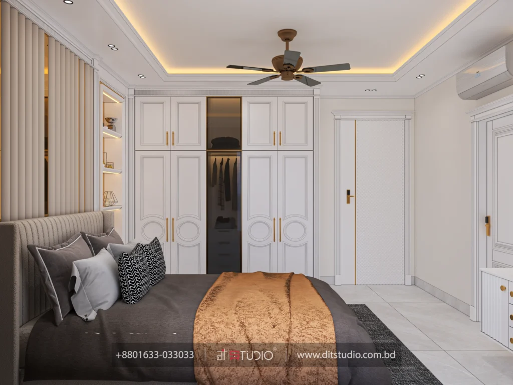 Girls bedroom wardrobe in white panelled doors with an open walk in closet section
