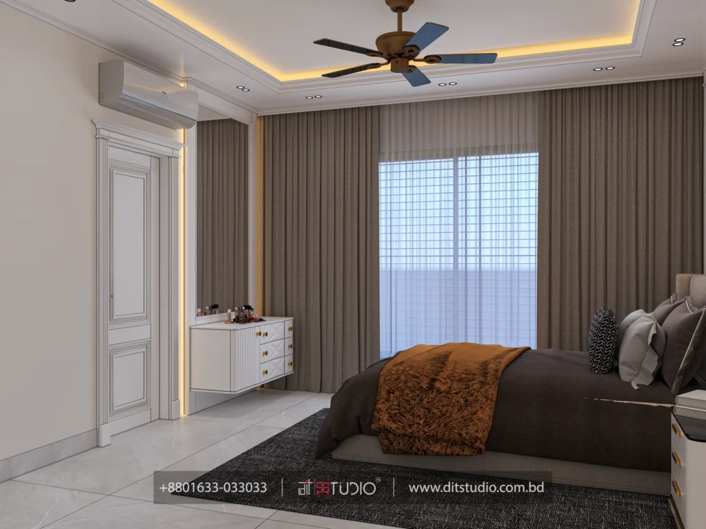 Girls bedroom with white fluted dresser, layered brown curtains and classic panelled door
