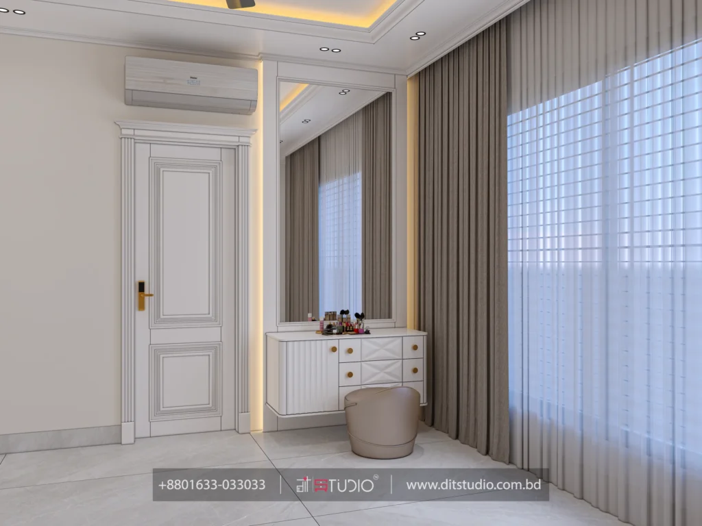 Dressing table with tall mirror and curved stool beside floor length sheer curtains