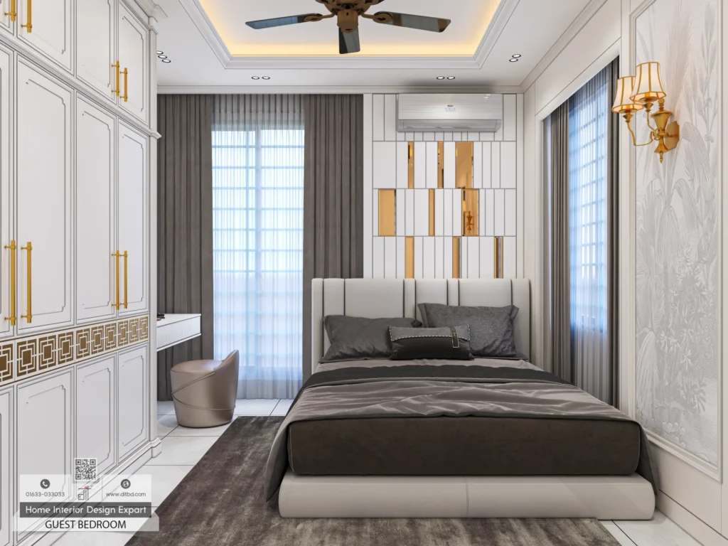 Guest bedroom with mirror and gold panel headboard accent wall