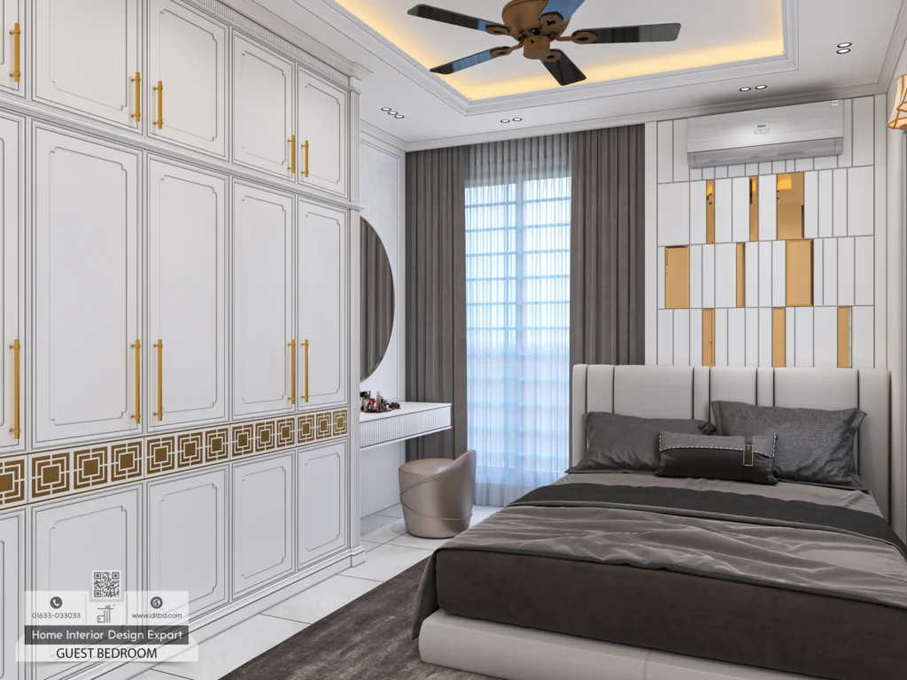 Second guest bedroom with gray bed and mirror panel accent wall