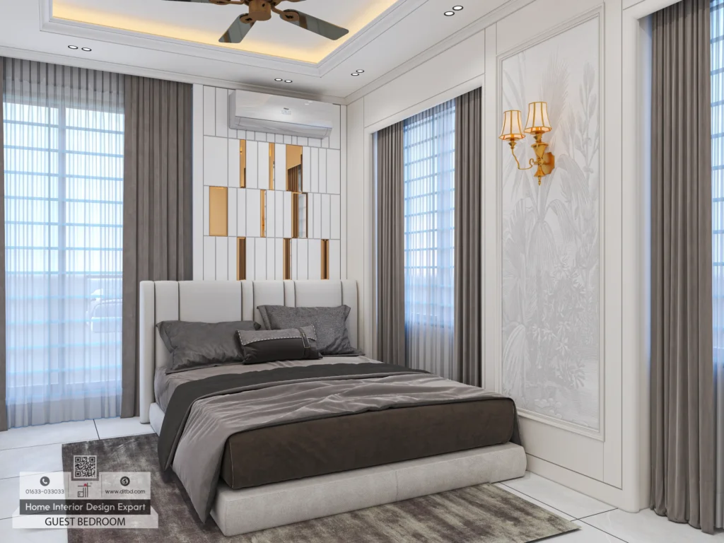 Wider angle of guest bedroom bed and mirror panel accent wall