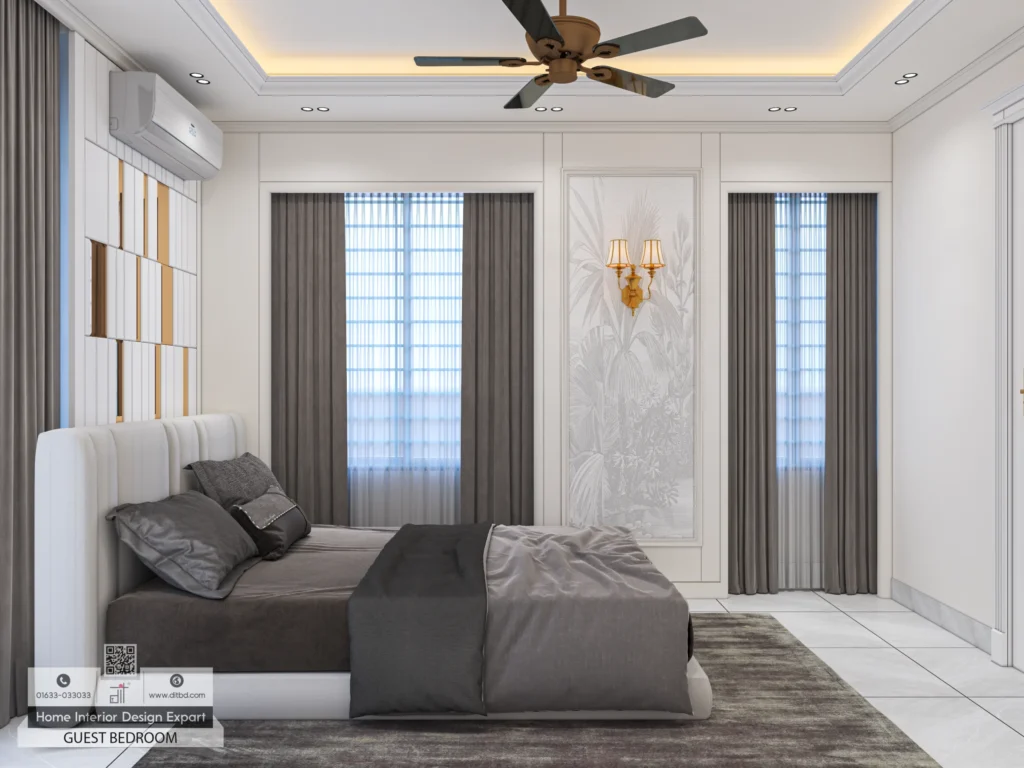 Five door wardrobe wall with gold inlay band in guest bedroom