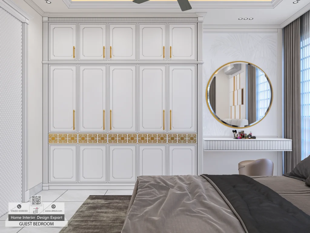 Wide shot of guest bedroom wardrobe and diamond textured door