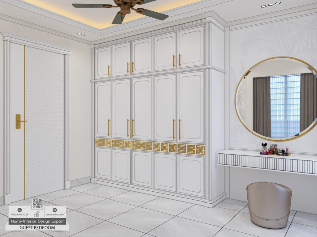 Guest bedroom wardrobe wall with marble look floor tiles