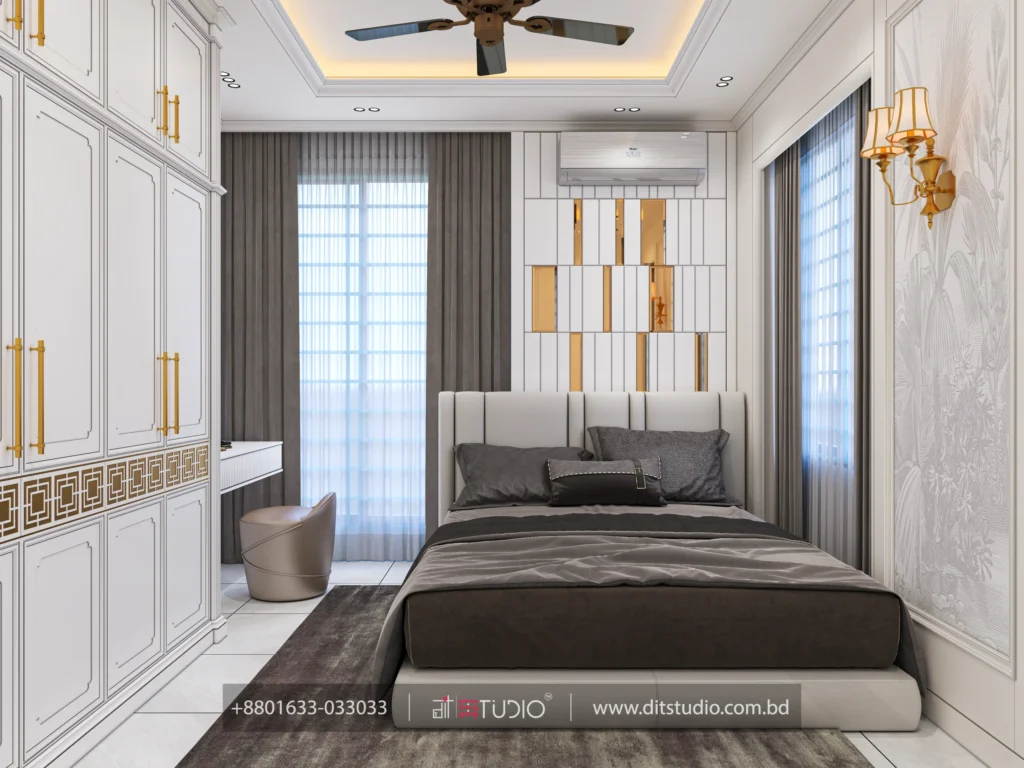 Guest bedroom with white channel headboard, gold mosaic panel and botanical wall art