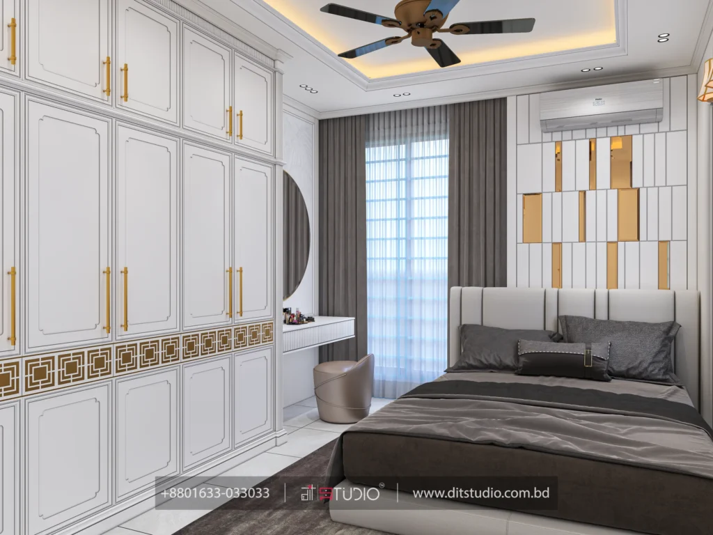 Guest bedroom wardrobe in white with a gold Greek key band and round mirror vanity