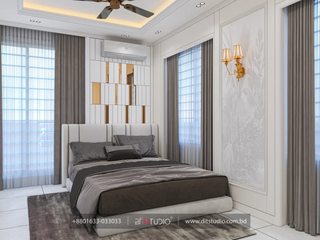 Guest bedroom framed by two windows with gold tile accent wall and a brass twin sconce