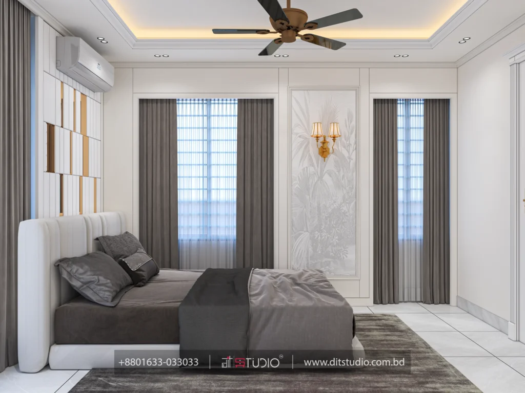 Guest bedroom bed facing a botanical panel with gold sconce and sheer grey curtains