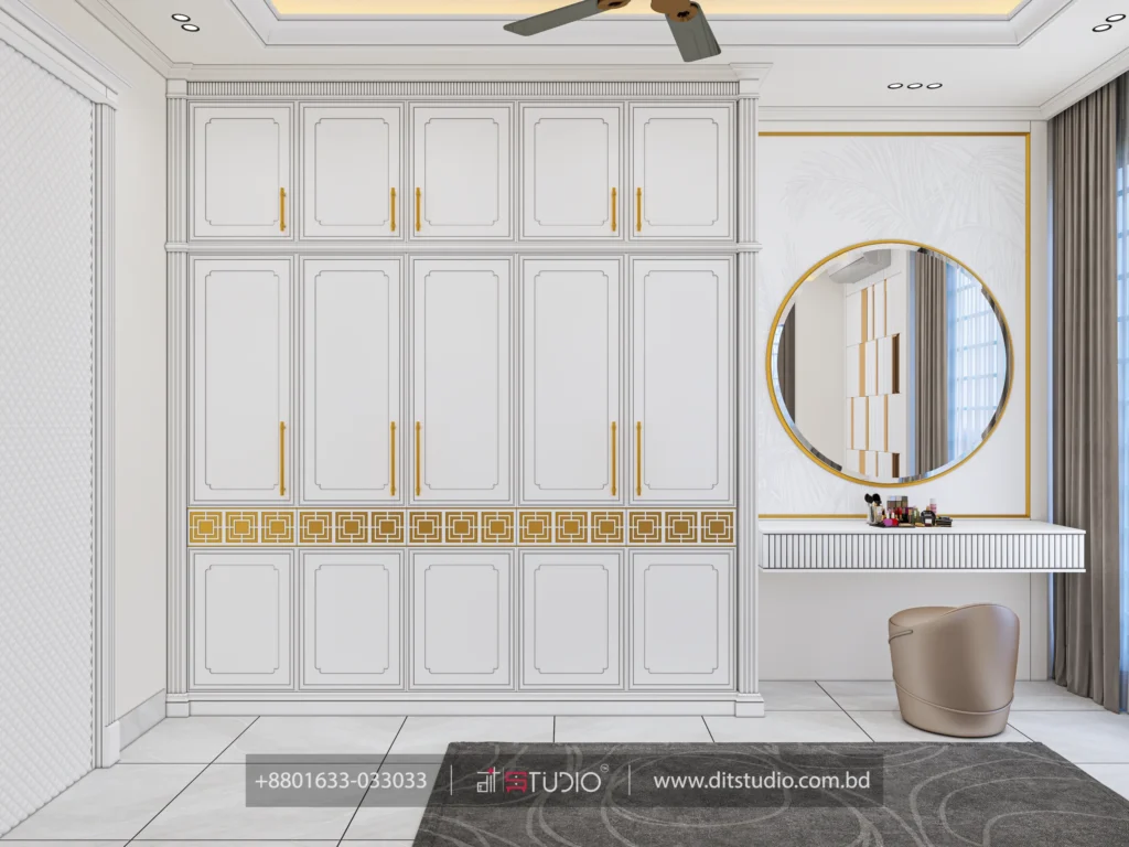 White wardrobe with gold Greek key trim, round gold mirror and fluted dressing ledge