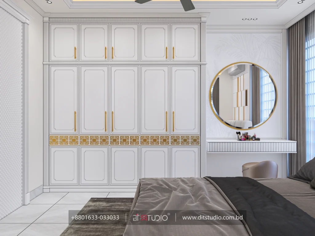 Wardrobe wall with gold fretwork band and round mirror above a fluted dressing shelf