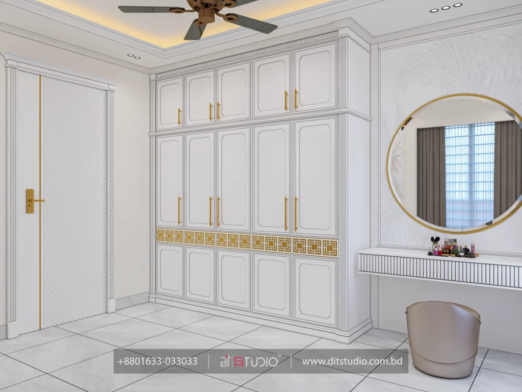 Guest bedroom storage wall in white and gold with vanity mirror and curved stool