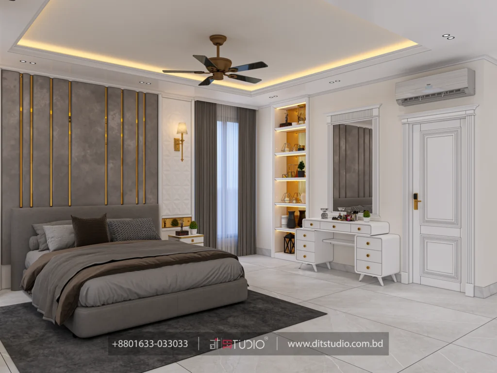 Master bedroom with grey fluted headboard wall, gold inlay strips and lit display shelves