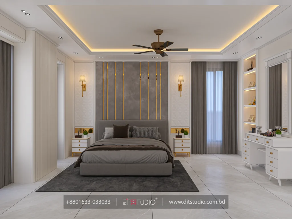 Master bedroom with grey upholstered feature wall, twin sconces and white dressing table