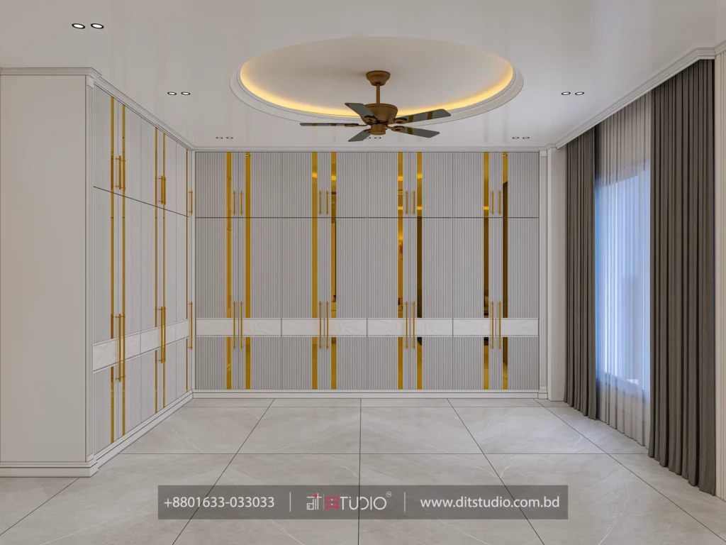 Walk in wardrobe in fluted white with gold handles and mirror strips under a cove light