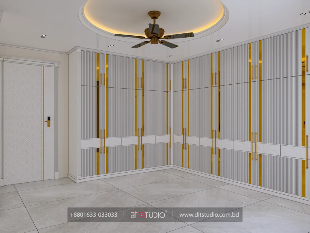 Corner wardrobe wall with fluted doors, marble insets and long gold handles, Gulshan 2