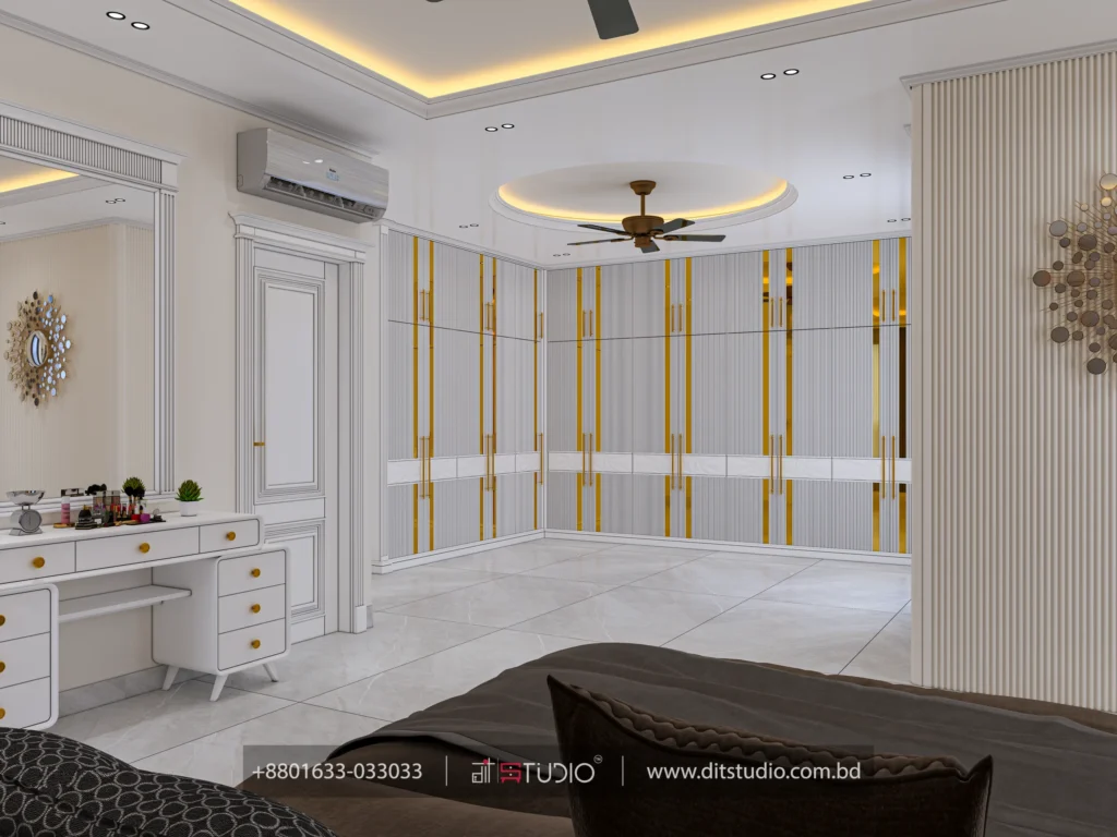 Master bedroom dressing table with sunburst mirror facing the fluted wardrobe wall
