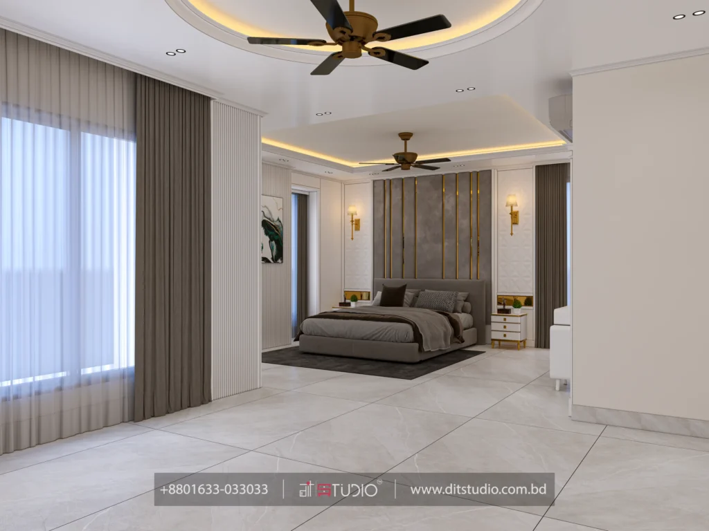 Master bedroom wide view with sheer layered curtains, twin ceiling fans and grey bed