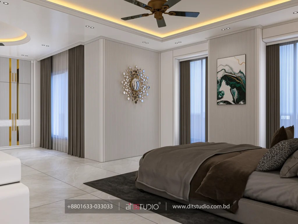 Master bedroom with fluted panelling, gold sunburst wall art and green marble artwork