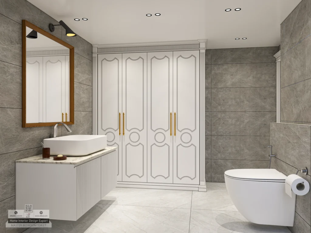 Master bathroom vanity with vessel sink and wood framed mirror
