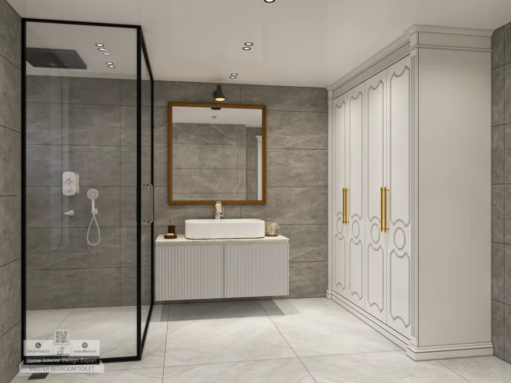 Glass enclosed shower with gray marble look tiles in master bathroom