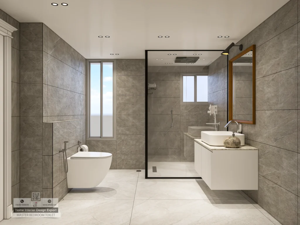 Wide view of master bathroom shower and wall mounted toilet