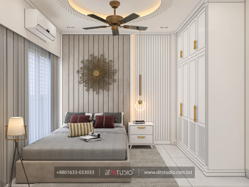 Bedroom with fluted grey headboard wall, gold sunburst art and a ring pendant light, Uttara Sector 6
