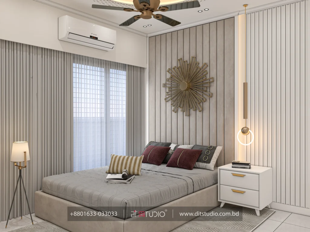 Bedroom bed against a fluted panel wall with sunburst art and a white two drawer nightstand