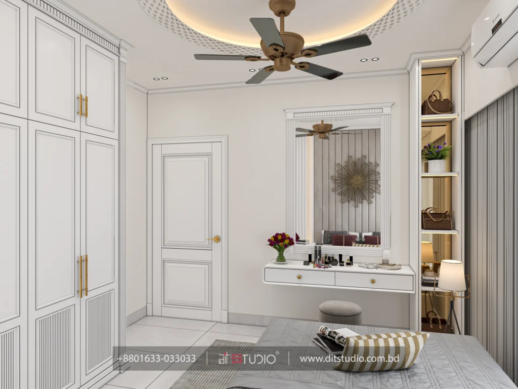 Bedroom with white wardrobe run, framed dressing mirror and a lit handbag display column