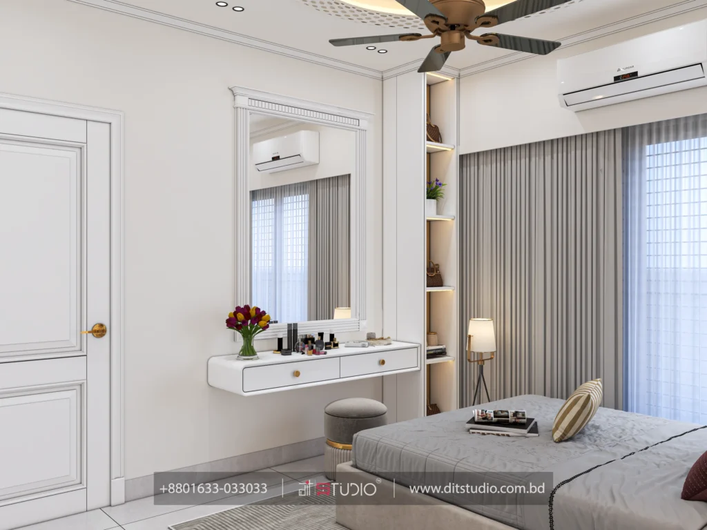Floating white dressing ledge with framed mirror, stool and backlit niche shelving