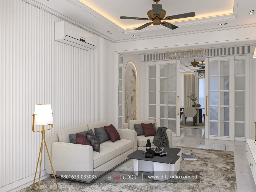 Living room with fluted white walls, cream sofa and frosted glass doors to the dining room, Uttara Sector 6