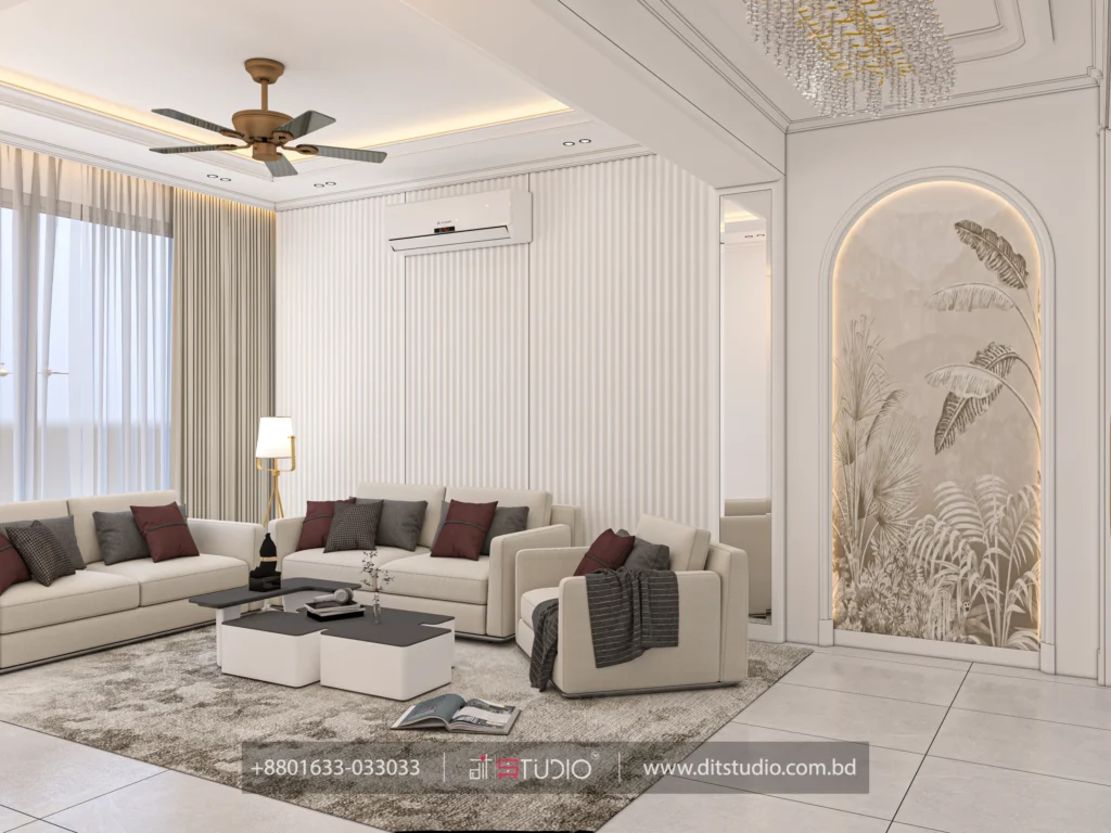 Living room with cream sofa set, arched banana leaf mural niche and a crystal chandelier