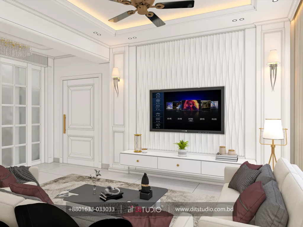 TV wall in 3D wave panelling with floating white console and slim wall sconces