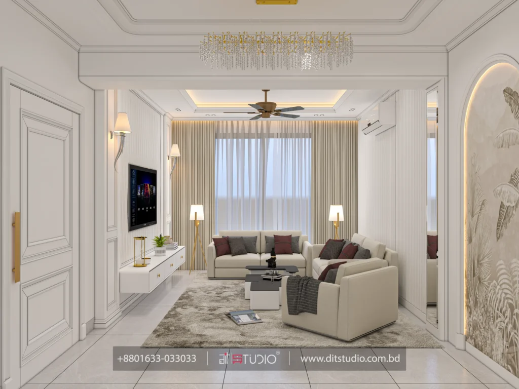 Long living room view from the entry door to the window seating under a crystal chandelier