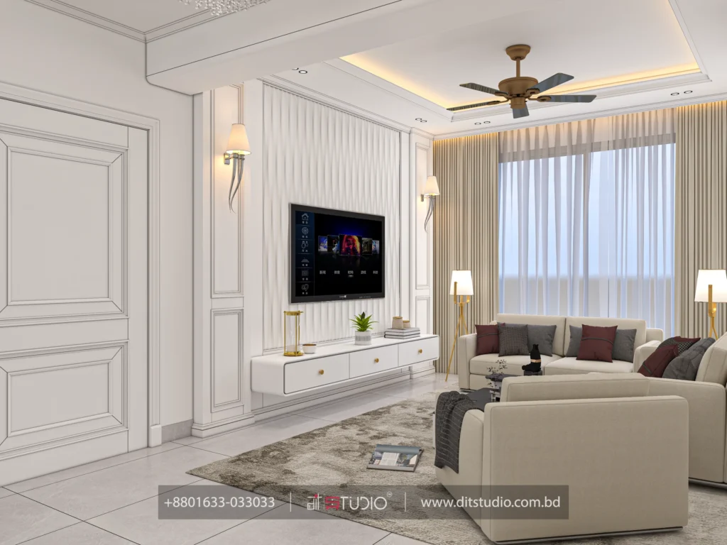 Living room with wave textured TV panel, twin wall sconces and layered sheer curtains