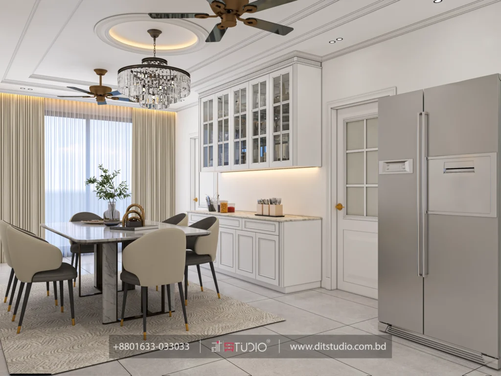 Dining with marble table, glass front crockery cabinets and a crystal drum chandelier, Uttara