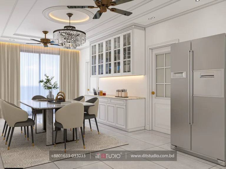 Dining with marble table, glass front crockery cabinets and a crystal drum chandelier, Uttara