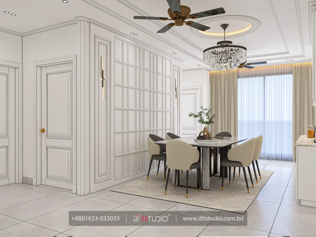 Dining beside a white grid panelled wall with gold linear sconces and marble table