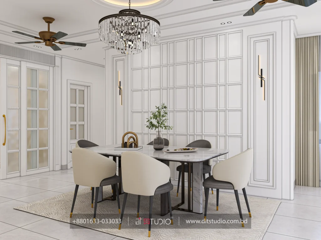 Six seater dining under a crystal chandelier against a white grid panel feature wall
