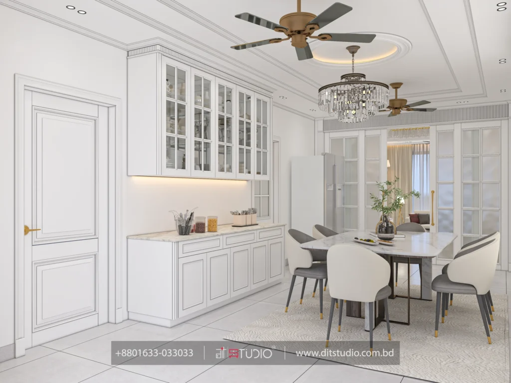 Angled dining view with white crockery cabinetry, marble counter and glazed partition doors