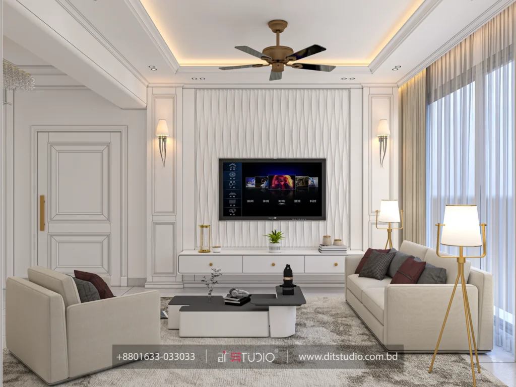 Living room with wave panel TV wall, cream sofa, gold tripod lamps and marble tile floor, Uttara Sector 6