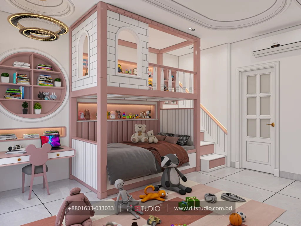 Kids bedroom with a pink castle bunk bed, round book shelf and a mouse ear study chair