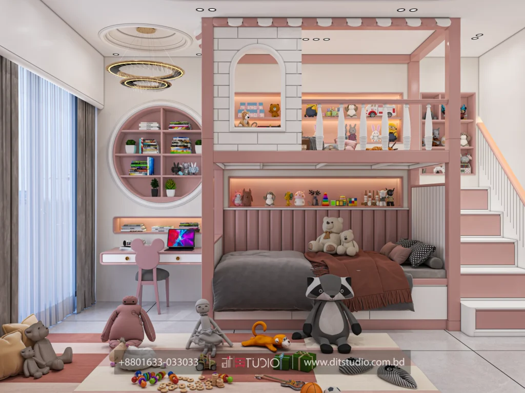 Pink loft bed with brick gable, toy display shelves and a lit round wall bookcase