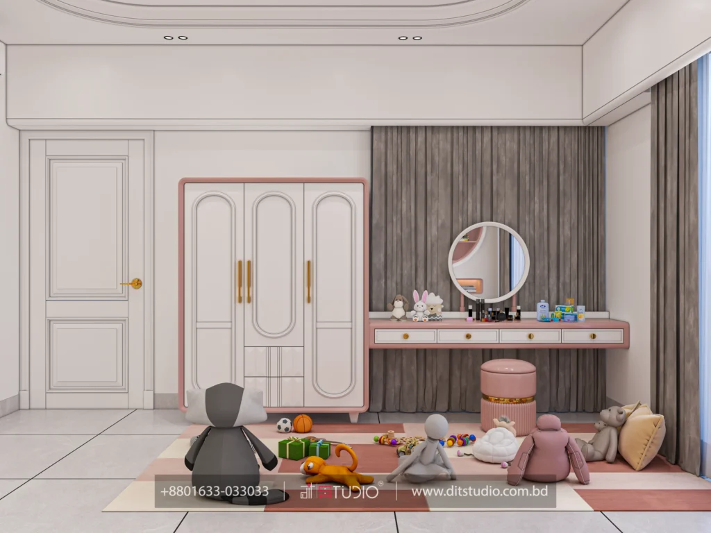 Pink arched door wardrobe with a round mirror dressing table on a fluted grey panel wall